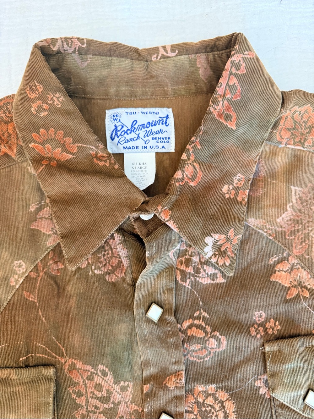 Like New! Rockmount Ranch Wear Men's Brown Floral Corduroy Western Shirt